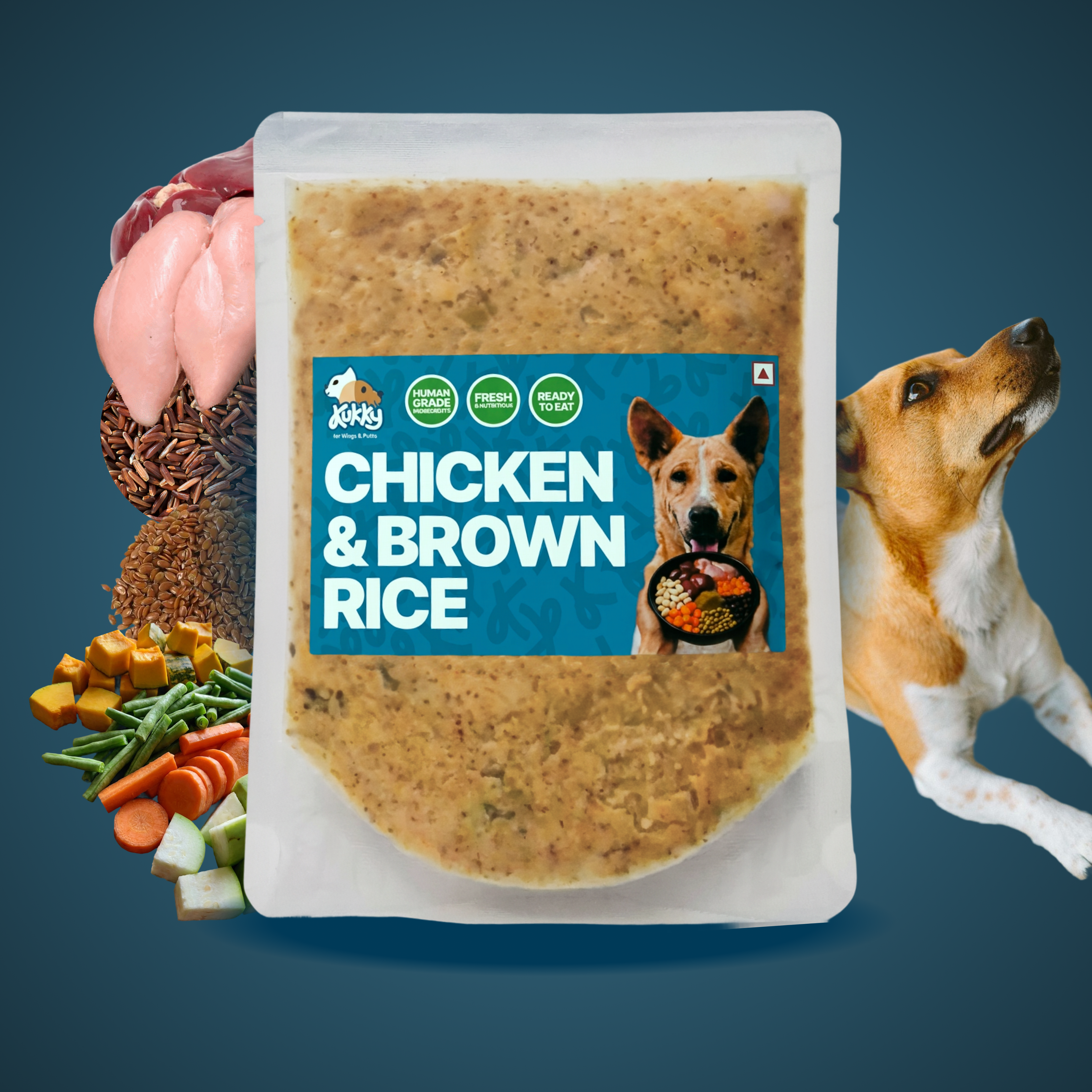 Kukky Chicken and Brown Rice meal pouch with ingredients and dog