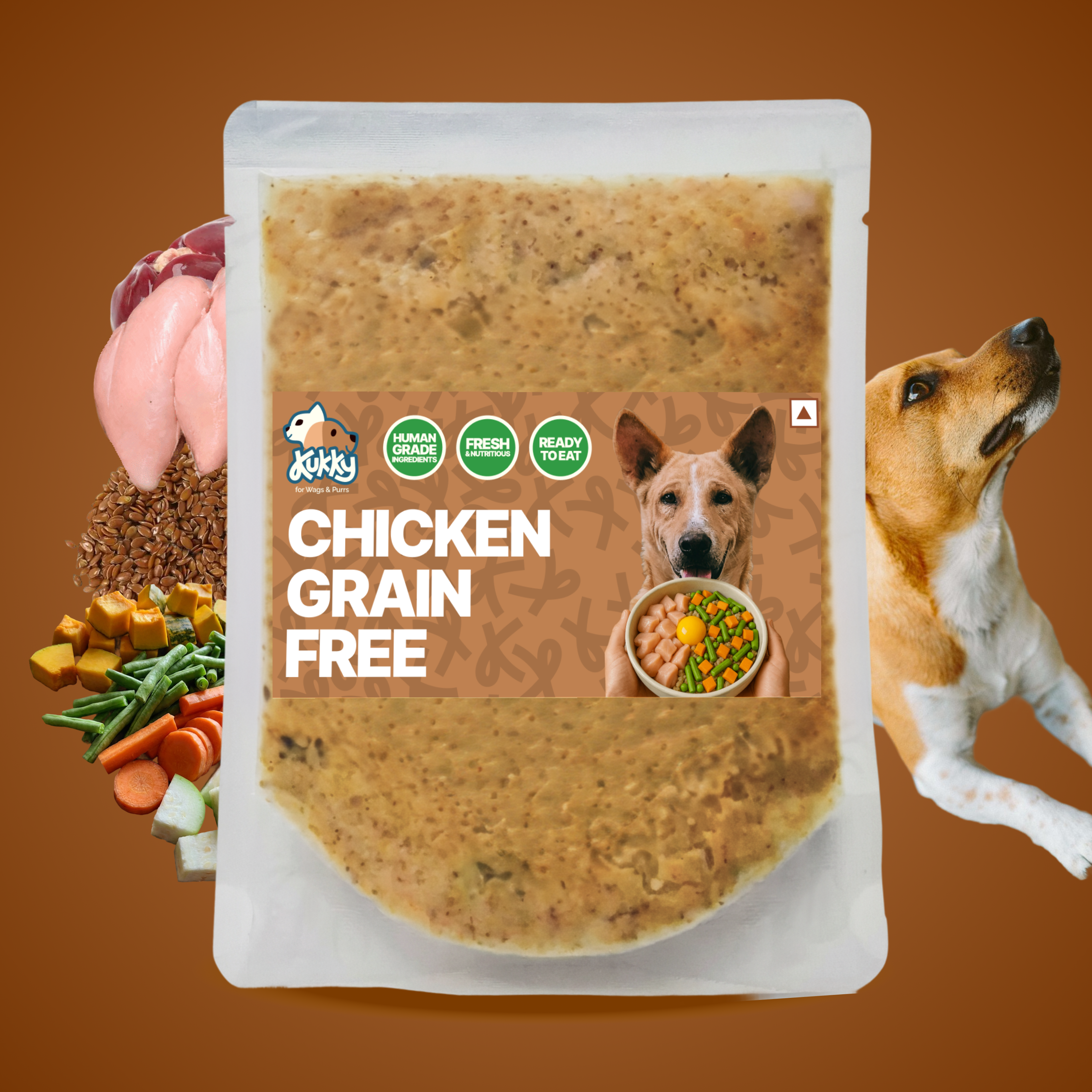Kukky Chicken Grain Free meal pouch with ingredients and dog
