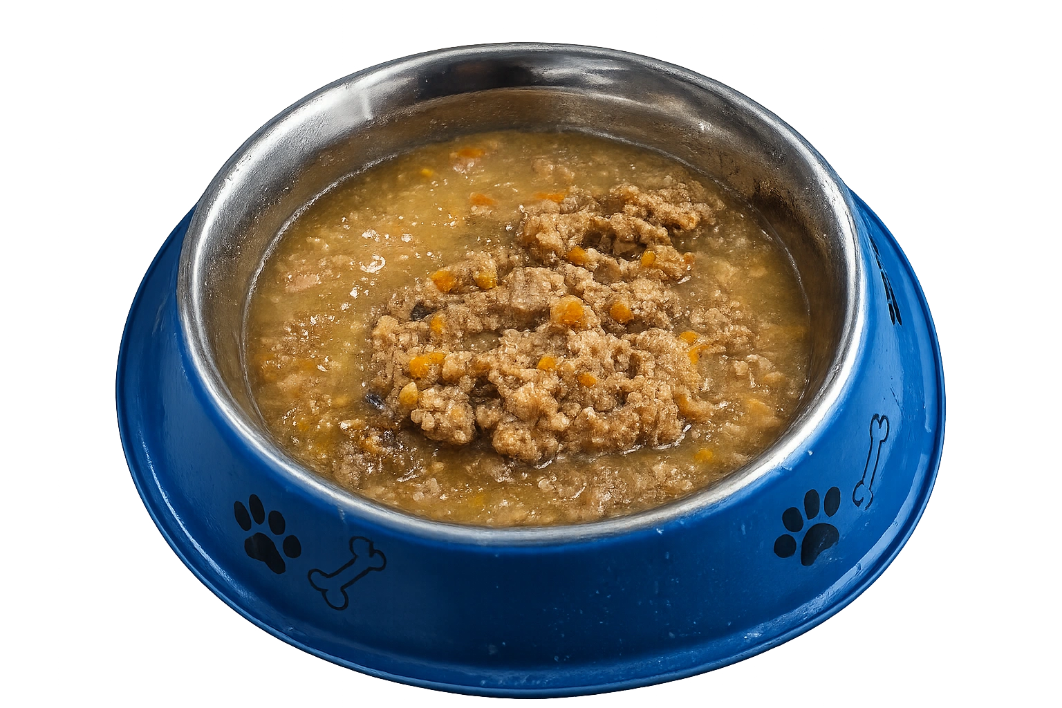 Kukky wet food served in a blue dog bowl