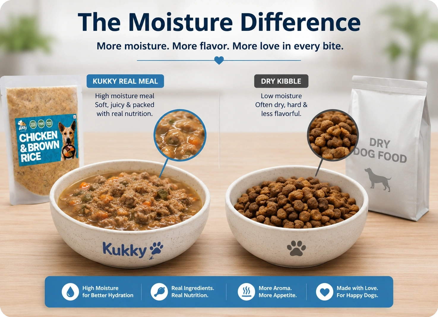 The Moisture Difference comparison between Kukky real meal and dry kibble