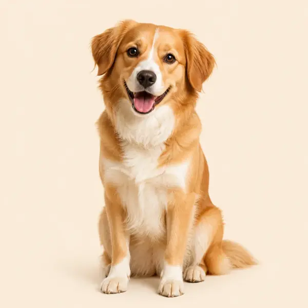 Happy dog sitting in the center of digestion signs