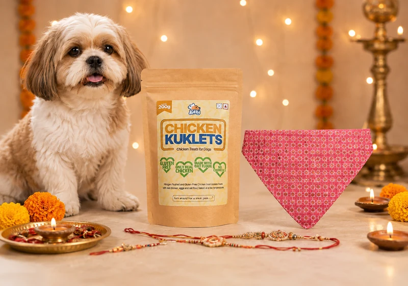 Chicken Kuklets treat pack with a pink dog bandana