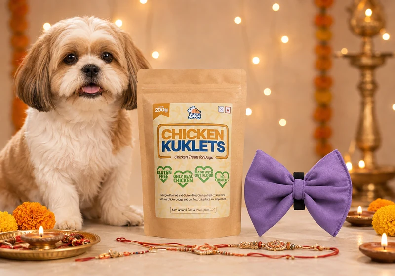 Chicken Kuklets treat pack with a purple dog bow