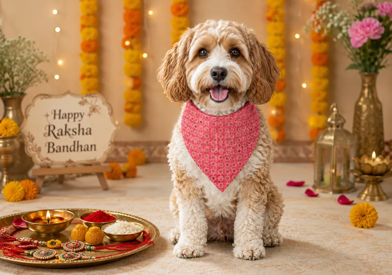 Dog wearing a festive Rakhi bandana beside a Rakhi thali