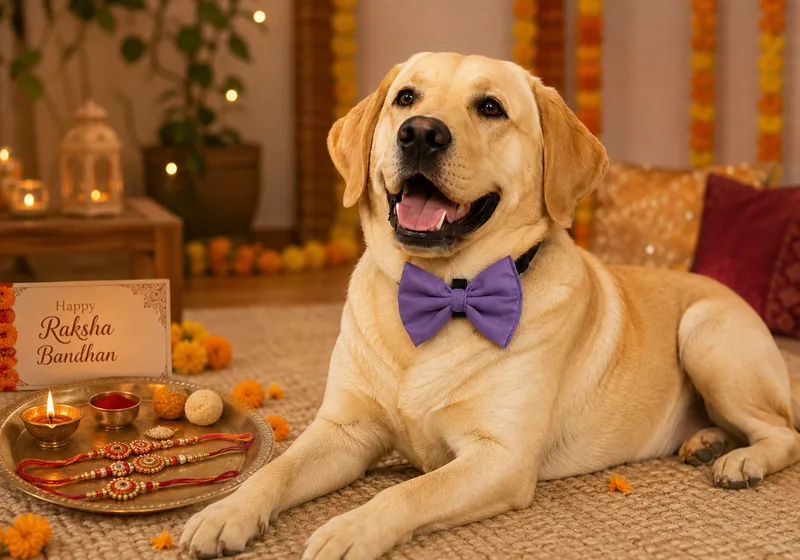 Dog wearing a festive bow beside a Rakhi thali