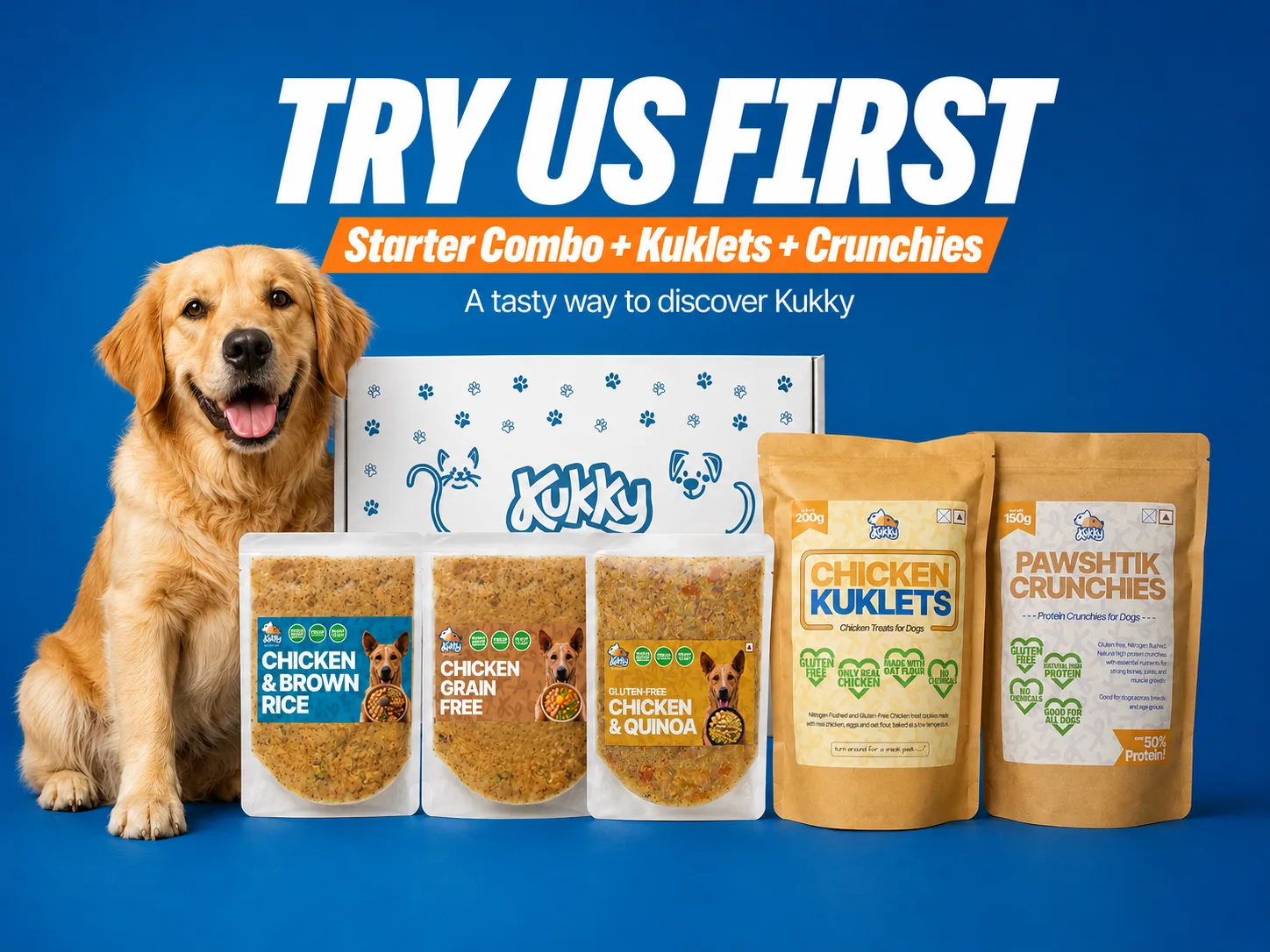Kukky Starter Combo with meals, Kuklets, Crunchies and a happy dog