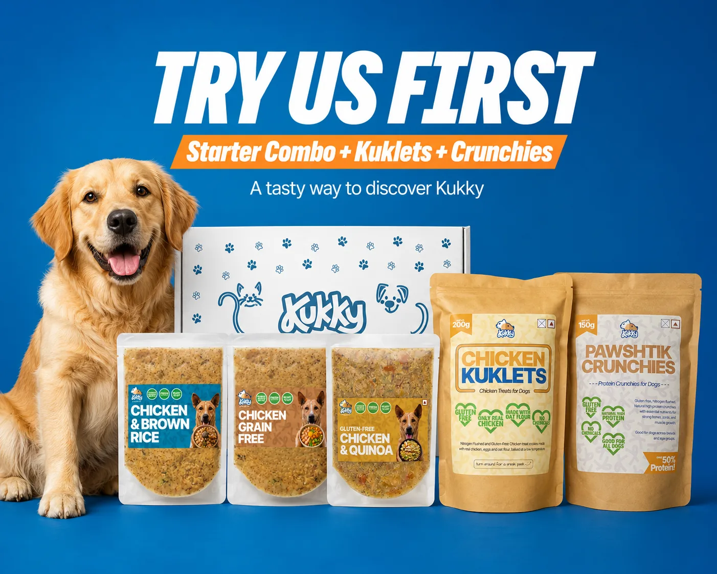 Kukky Starter Combo with meals, treats and a happy dog