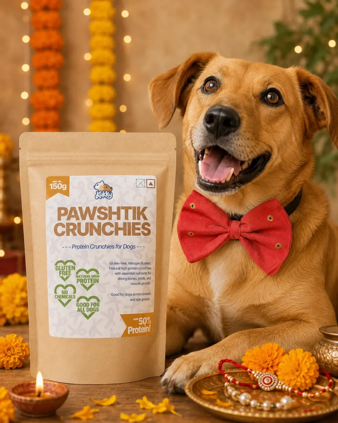 Festive Pawshtik Crunchies and Handmade Coral Dog Bow