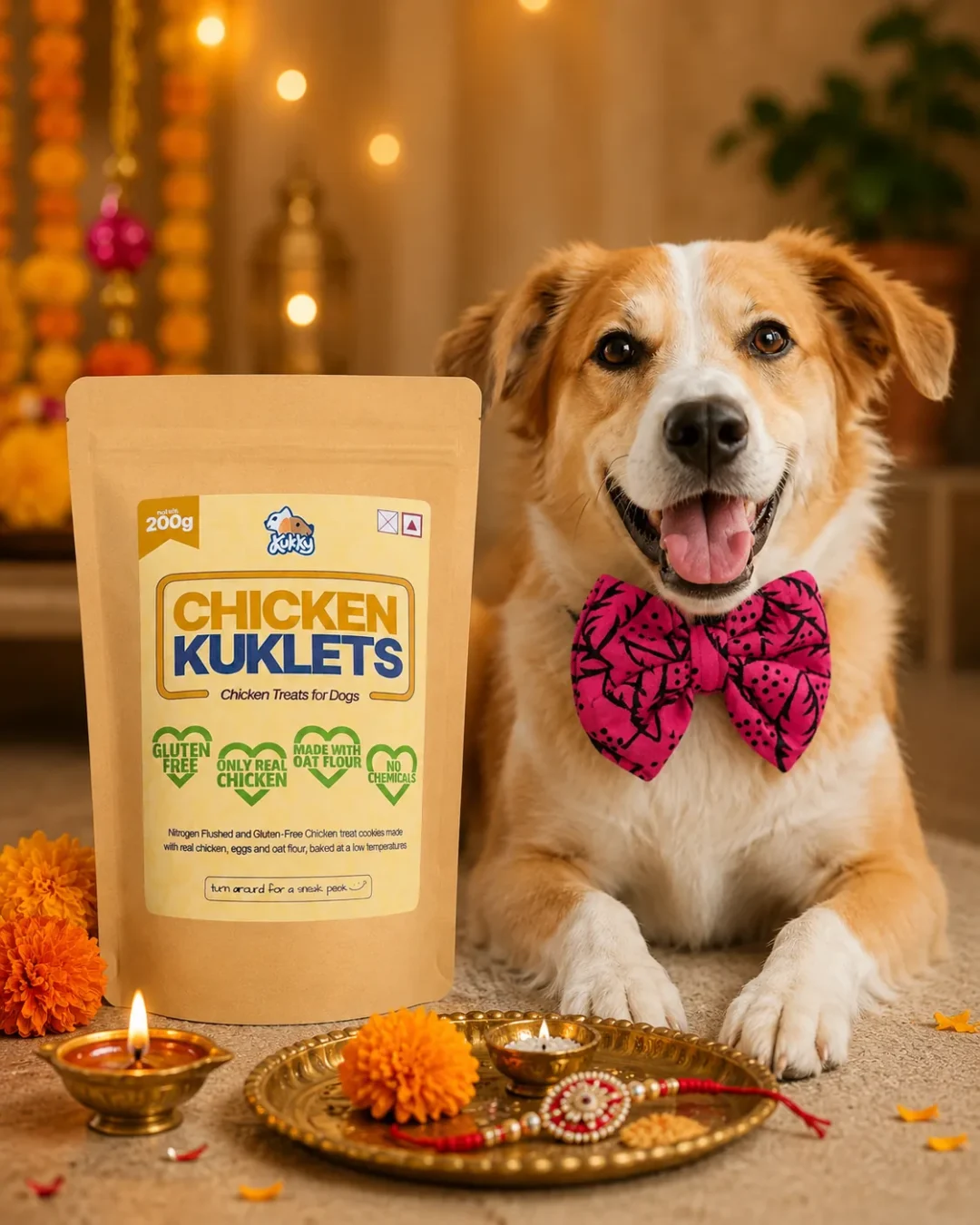 Kukky Chicken Kuklets and Handmade Festive Fucsia Dog Bow
