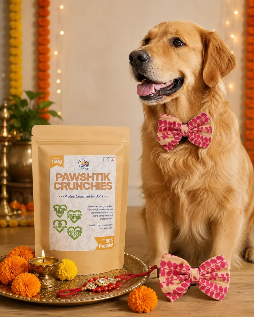 Festive Pawshtik Crunchies and Handmade Pink Petal Dog Bow