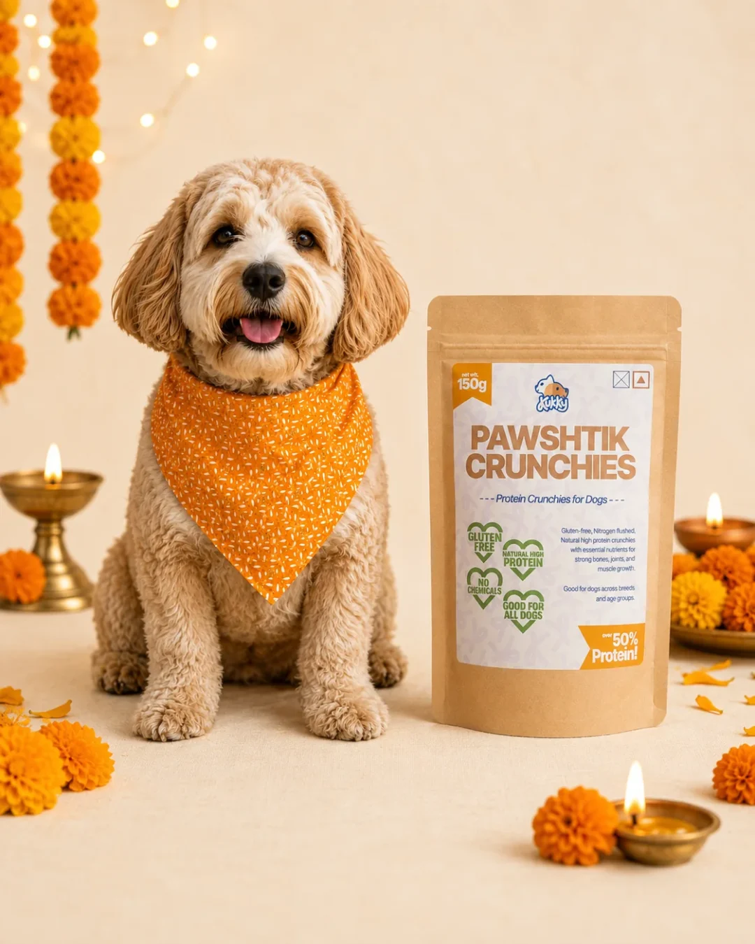 Pawshtik Crunchies 150g with Handmade Cotton Bandana